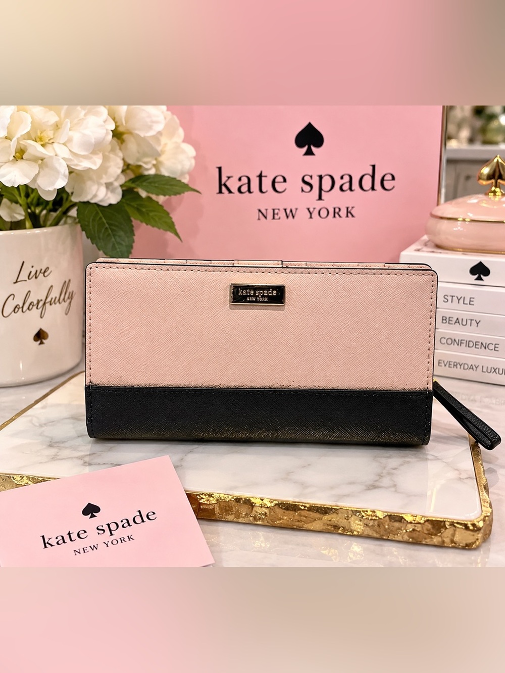 Kate Spade New York Pink & Black Saffiano Leather Zip-Around Wristlet Wallet EUC